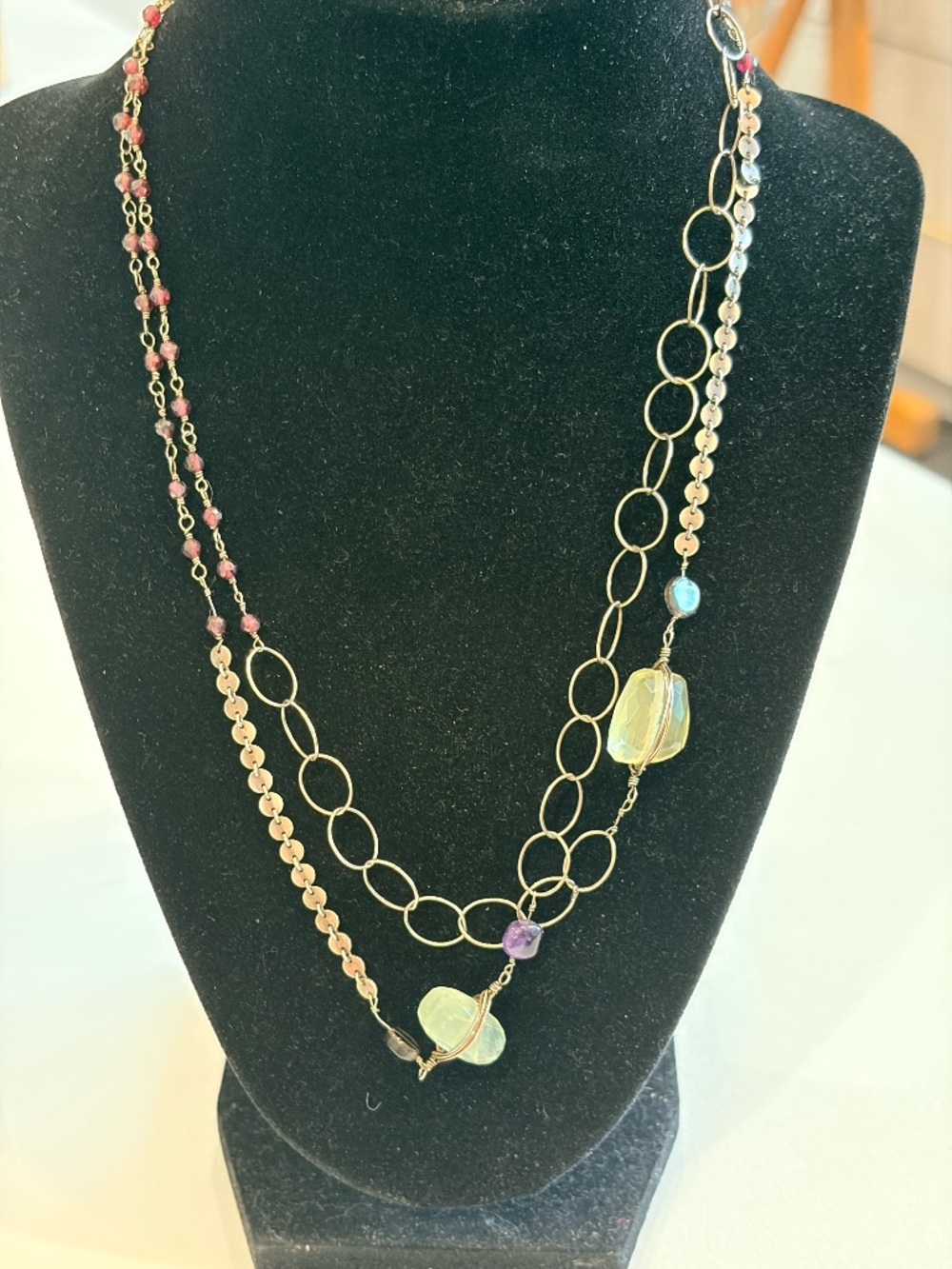 Artisan Natural Gemstone Multi Strand Necklace Garnet Amethyst Quartz